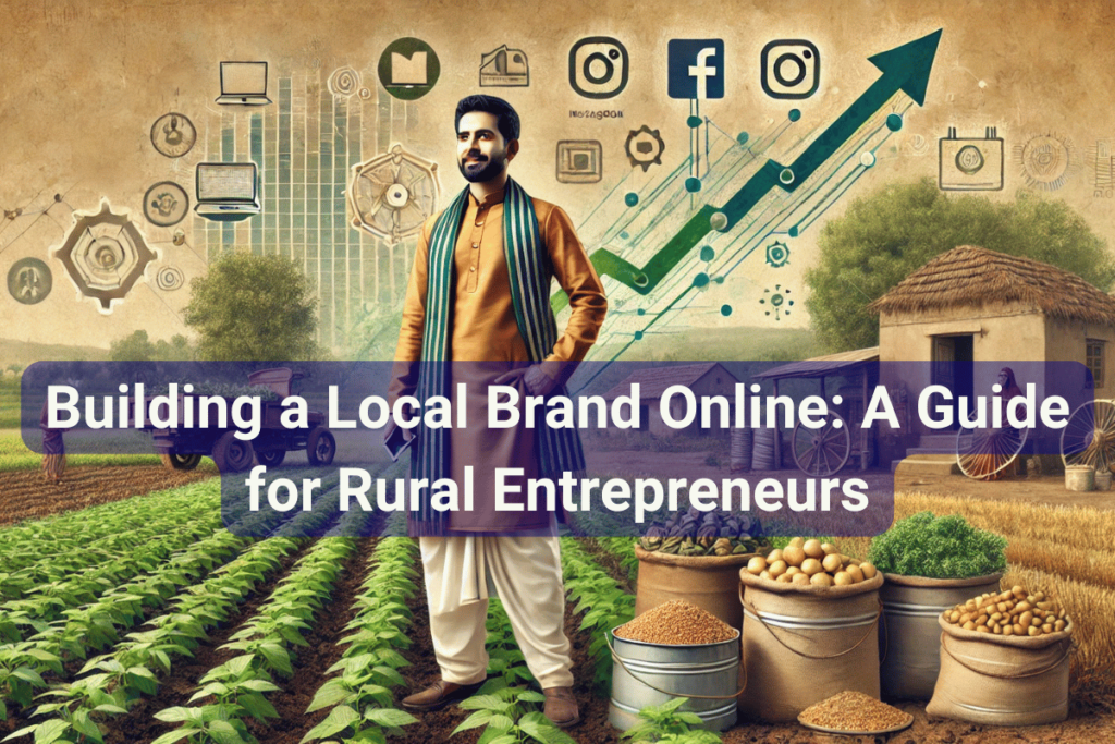 A confident rural entrepreneur holding a smartphone with a Farm & produce in the background and digital growth icons overlaid, symbolizing building an online presence.